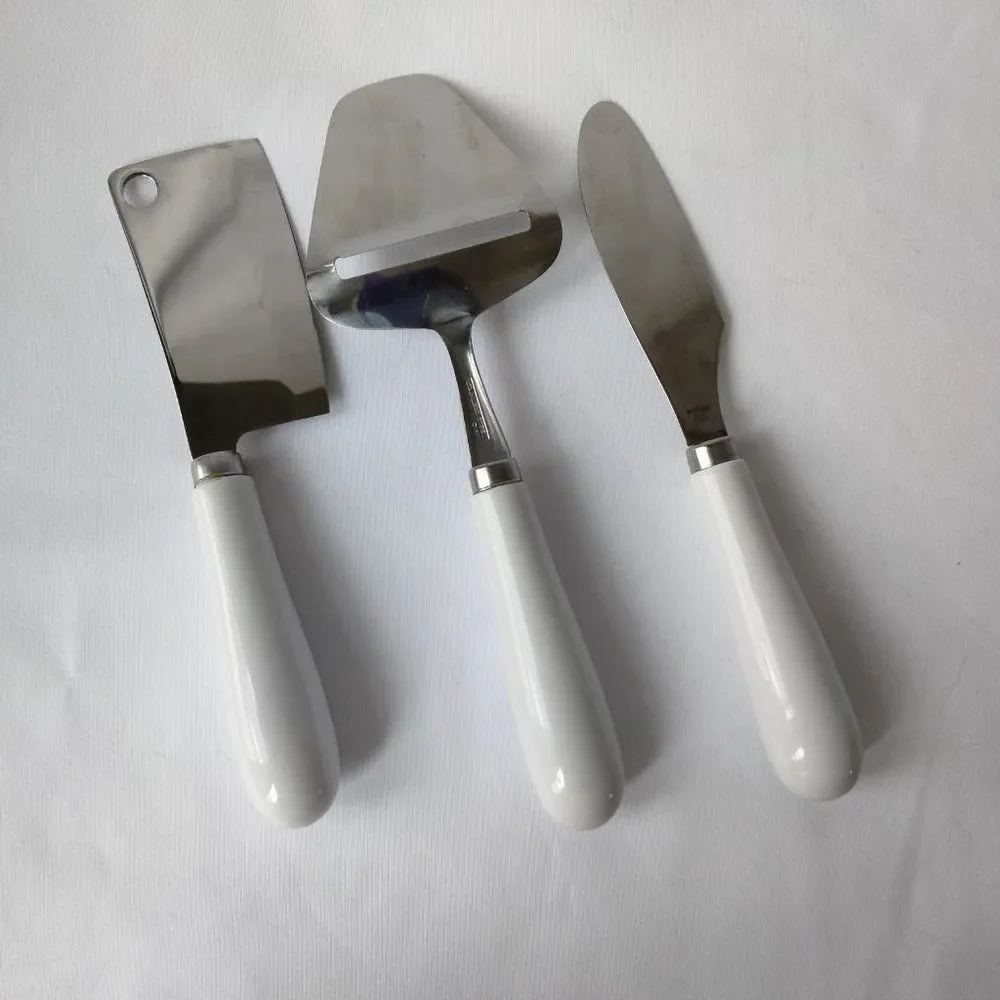 Vintage 80s Set of 3 Cheese Knives with White Ceramic Handles
